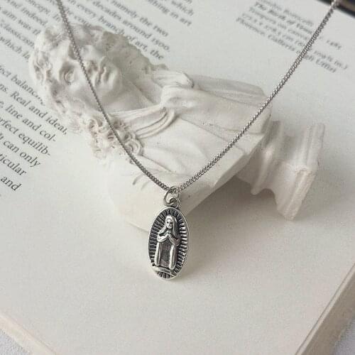 Vintage 100% Authentic 925 Sterling silver Retro the Virgin Mary Oval Geometric Pendant Necklace Guard FINE Jewelry TLX501