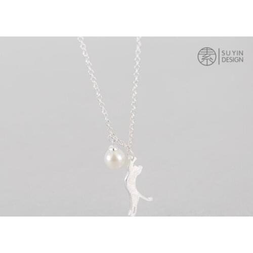 925 Sterling Silver Cute Brushed Kitten Cat Pearl Pendant Necklace Fashion Clavicle Chain For Women Girls Birthday Jewelry SN082