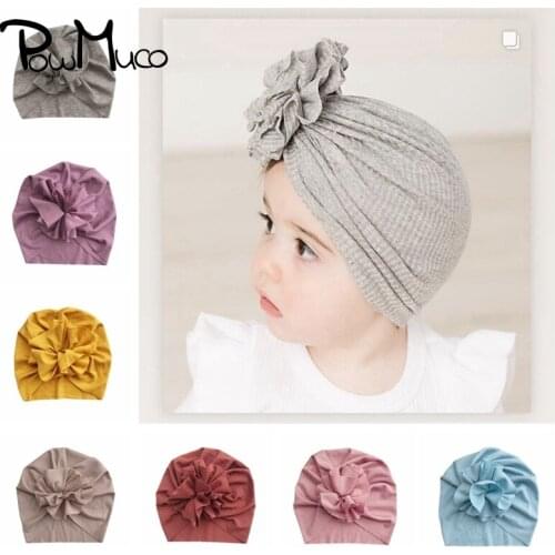 Powmuco 17*14 CM Solid Color Striped Baby Hats Fashion Handmade Folded Flower Infant Caps Soft Kids Bonnet Clothing Accessories