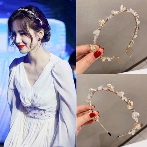 Haimeikang Crystal Wedding Tiara Headband Rose Flower Prom Hair Band Metal Narrow Pearl Bride Headpiece Women Hair Jewelry Decor