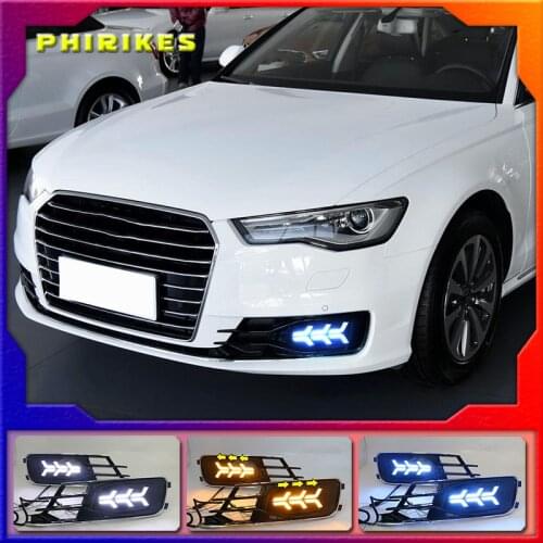 LED drl daytime running light for Audi A6L 2016-2018 with Dynamic moving yellow turn signal and blue night running light