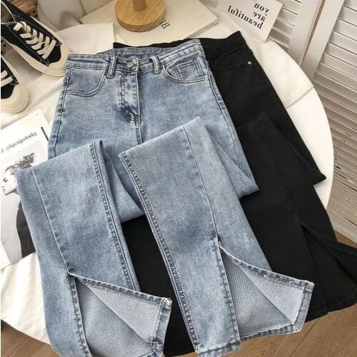 Streetwear Korean Fashion All-match High Waist Trousers 2021 Women Slits Washed Stretch Denim Pants Female Micro flared Jeans