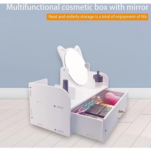 Rotate Wooden Cute Make-up Mirror DIY Installation Assembly Desk Dressing Mirror Women Portable Large Cosmetic Storage Box Shelf