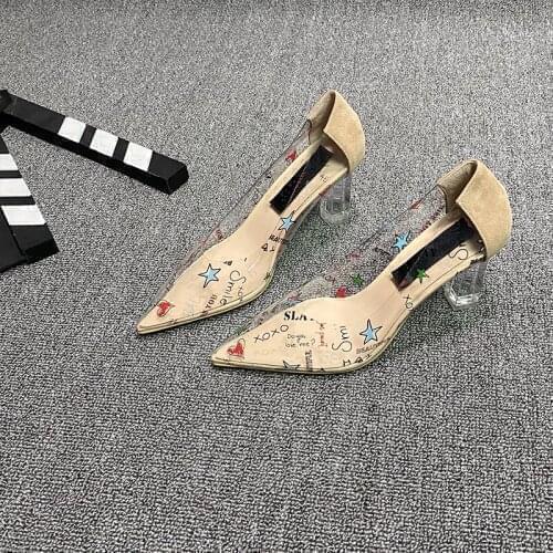2021 spring new transparent crystal pointed toe stiletto high-heeled shoes all-match graffiti PVC banquet dress female sandals
