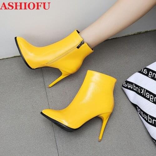 ASHIOFU Handmade New Arrival Ladies High Heel Boots Sexy Party Prom Pointy Ankle Booties Yellow and Black Evening Fashion Boots