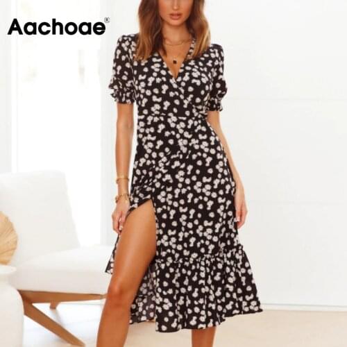 Aachoae Floral Print Elegant Dress V Neck Puff Sleeve Pleated Dress Women Summer Beach Dress Midi Wrap Sundress Robe Femme