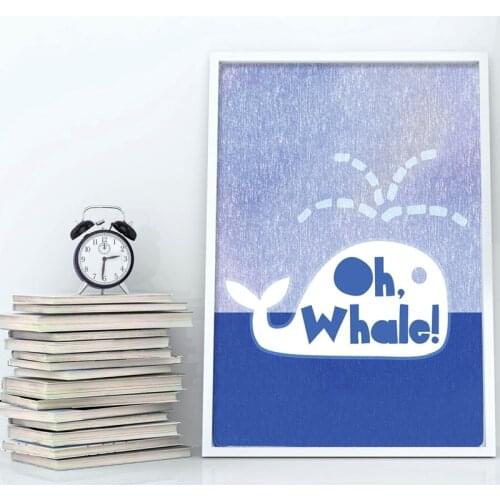 Whale Sign Art Print Painting Poster , Cartoon Blue Beach Wall Pictures Canvas Art Print Kids Room Bathroom Nursery Wall Decor