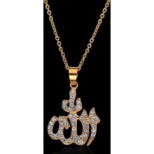 40GB Arabic Muslim Womens Gold Rhinestone Islamic God Allah Pendant Necklace Jewelry