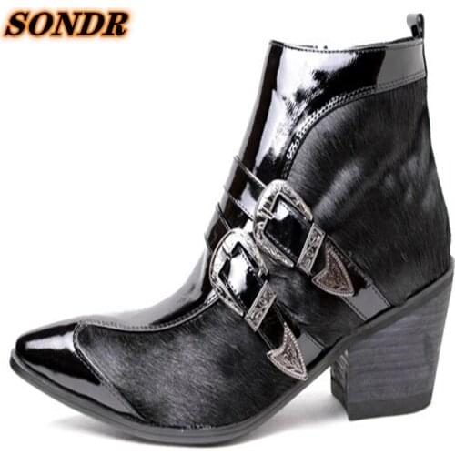 Botines Hombre New Autumn Men Shoes Men Iron Pointed Toe Boots Glitter Genuine Leather Shoes Double Buckle Strap Men Ankle Boots