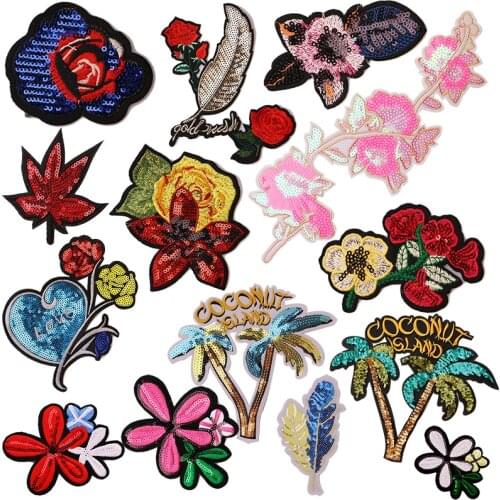 Cherry blossom Rose Sequin icon Embroider Iron on Patch for Clothing DIY Stripes Clothes Patchwork Sticker Custom Badges