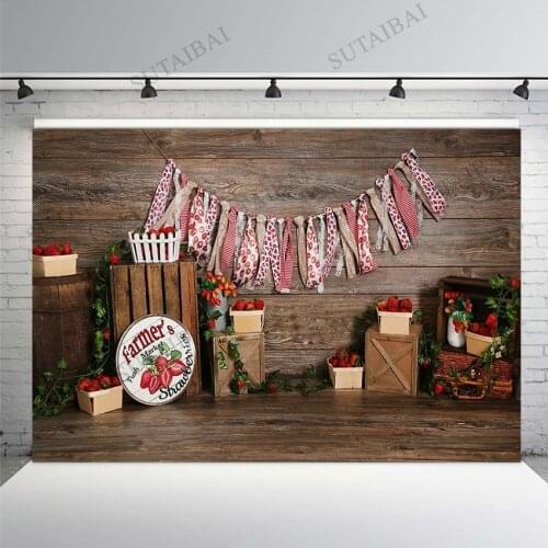 Photography Background Vintage Wooden Wall Strawberry Farmers Market Baby Shower Birthday Party Portrait Backdrop Photo Studio