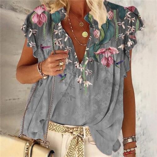 Summer Casual Ladies T Shirts Fashion Print Short Sleeve Womens Loose T-shirt V-Neck Ladies Female Tops Blouse