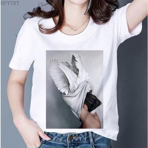 Harajuku Art Feather Print T-Shirt Summer Fashion Womens Short Sleeve T Shirt Casual 0 Collar Tops White Tshirt Female Clothing