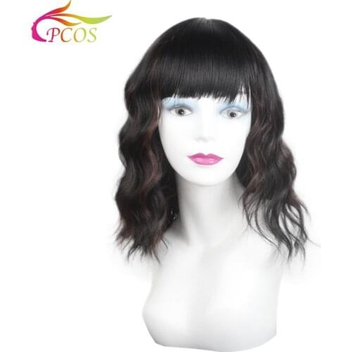 Short Wavy Synthetic Hair Natutal Black Mixed Brown Wigs with Air Bangs Heat Resistant Cosplay Wig for Black Women