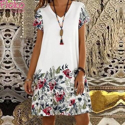 Flokocloset Summer V-Neck Short Sleeve Print Knee-Length Dress for Women 2021 Casual O-Neck White Dress