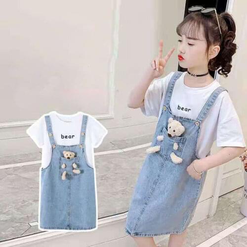 Summer Girls Jeans Dresses Kids Girl Bear T-shirt+ Strappy Dress 2pcs Suit New Children Short Sleeved Top Clothing Set