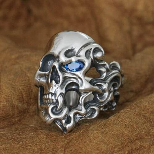 LINSION 925 Sterling Silver Fire Skull Ring Blue CZ Eye Mens Biker Ring TA282 US Size 7~15