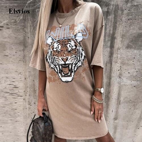 Fashion Vintage Letter Tiger Print Sweatshirt Dresses Casual O Neck Women Mini Dress Summer Short Sleeve Party Dress Streetwear