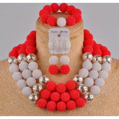 Novel red and white big beads simulated pearl african jewelry set