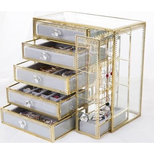 2019 New Drawer Storage Box Gold Jewelry Storage Box Earrings Earrings Necklace Glass Desktop Jewelry Box Gifts