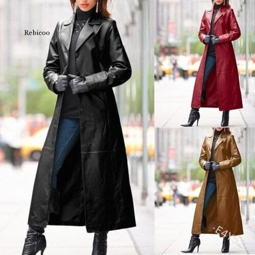 Woman Coat Long Leather Jacket Plus Size Autumn Casual Loose Button Solid Long Trench Coats Steampunk Gothic Lapel Biker Jacke