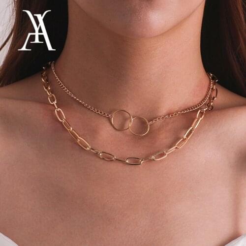 Simple Gold Color Chunky Cuban Link Chain Choker Necklace Collar Geometric Double Circle Hoop Layered Necklace Statement Jewelry