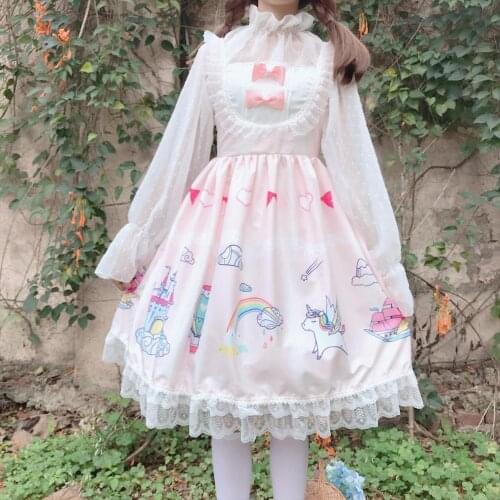 Women Student Stitching Lace Bow Color Unicorn Small Fresh Sleeveless Dress Cute Lolita Dress Summer Vintage Kawaii Cute