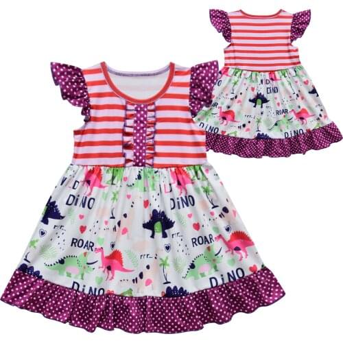 Girl Princess Dresses Dinosaur Cartoon Pattern Flying Sleeve Childrens Dress Christmas Dress