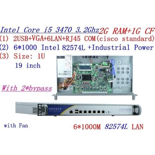 Industrial 1U firewall server router 2G RAM 1G CF 2*bypass with 6*1000M INTEL 82574L Gigabit I5 3470 3.2Ghz Mikrotik PFSense ROS