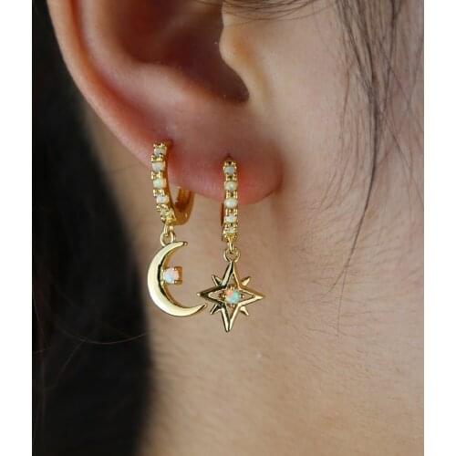 Gold filled new fashion women girls charm northstar moon hoop earring with white fire opal stone multi piercing earrings jewelry