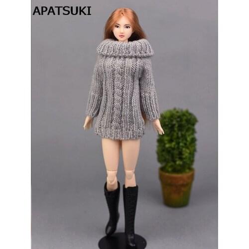 Grey Handmade Knitted Woven Sweater For Barbie Doll Clothes Tops Coat Dress Clothes Gifts For Girls Kids Toy Doll Accessories