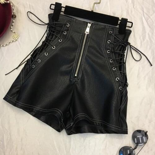 QoerliN Bandage Lace-up Shorts Womens 2020 Sexy Mini Shorts Black Hight Waist Shorts Wide Leg Trouser PU leather Trouser Female