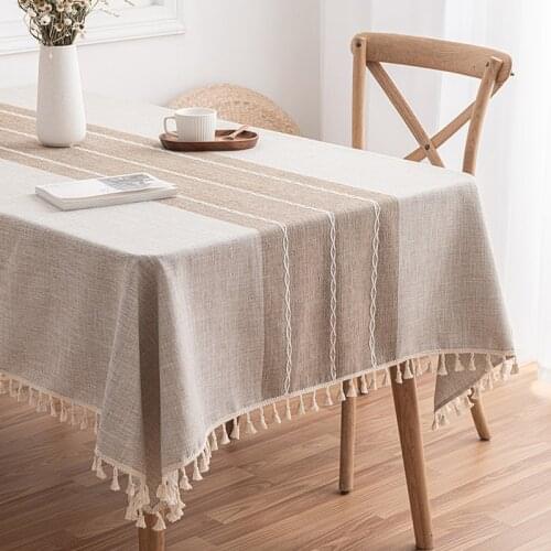 Japan Style Cotton Linen Tablecloth Pink Stripes Plaid Embroidered Rectangular Dining Table Cloth for Christmas Banquet Decor
