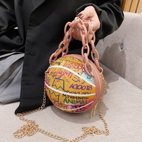 Personality Graffiti Round Ball Soft PU Leather Crossbody Bags for Women 2021 Chain Handbags and Purses Female Basketball Bag