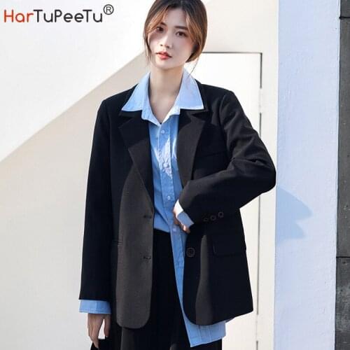 Spring Autumn Women Loose Blazer Coat Boyfriend Black Tops Korean Style Suit Jacket Casual Long Sleeve Pockets Female Outerwear