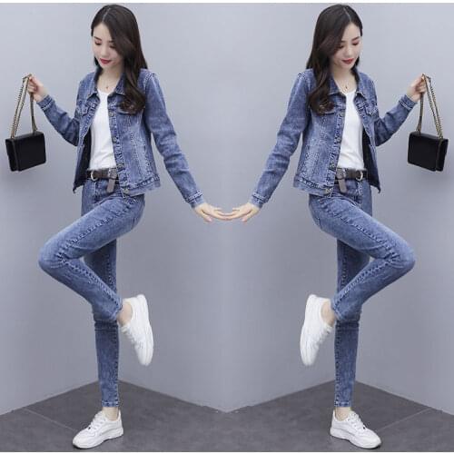 Ladies Cowboy Suit Female Fashion Two-Piece Single-Breasted Mid-Length Two-Piece Suit Thin All-Match Elasticity Embroidered B17