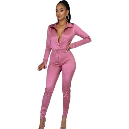 Summer Women Fashion Loose Casual Long Sleeve Turn-down Collar Two Piece Suit Office Lady Formal Set Solid Sexy Work High Street