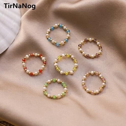 The French romantic fairy color crystal ring Xuan wind handmade beaded freshwater pearl ring, women jewelry gifts