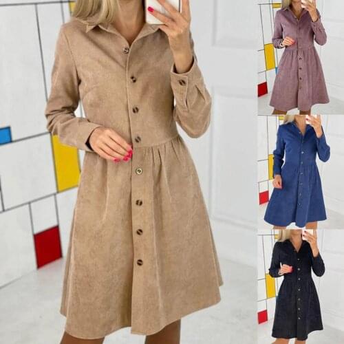 Office Lady Dress Turn-down Collar Single Breasted Autumn Winter Solid Color Pleated Waist Mini Dress for Wedding