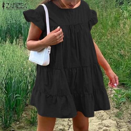 Fashion Women Beach Mini Dress ZANZEA Summer Sundress O Neck Short Sleeve Ruffles Vestidos Tiered Pleated Short Dresses Oversize