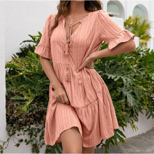 Women Short Sleeve Loose Dress with A-line Version Simple Style Solid Color V-neck Summer Clothing