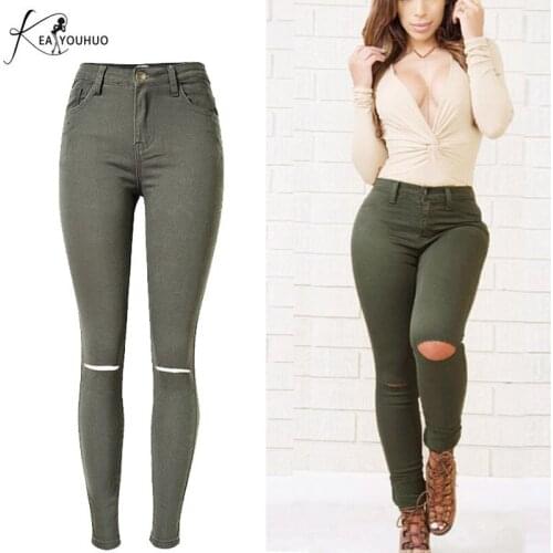 2020 High Waist Ripped Jeans For Women Pencil Denim Camouflage Pants Ladies Vintage Army Green Trousers Skinny Joggers Women