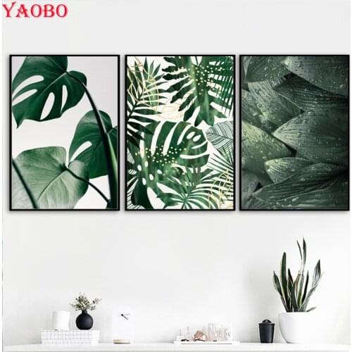 Green Tropical Plant Leaves Painting Diamond Painting Full round DIY 5D cross stitch kit mosaic embroidery Nordic Poster 3 pcs