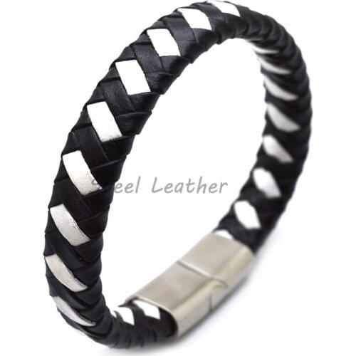 5pcs/lot Engrave Logo FASHION Punk Men Jewelry Braided Leather Bracelet Men Handmade Bracelet Trendy Stainless Steel Clasp Male