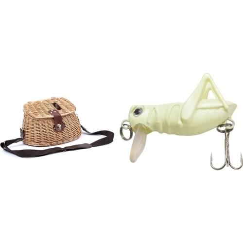 5 Pcs Luminous Fishing Lure Artificial Locust Grasshopper Lures & 1X Wicker Basket Fishing Creel Trout Perch Cage