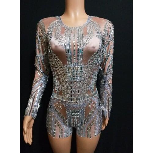 Shining Sparkly Glass Rhinestones Dress Evening Party Wear Long Sleeves Prom Nude Gray Dress Birthday Celebrate Diamons Dresses