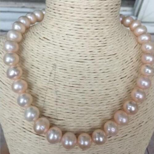 Elegant high quality 11-12mm round gold pink pearl necklace 18inch 925silver