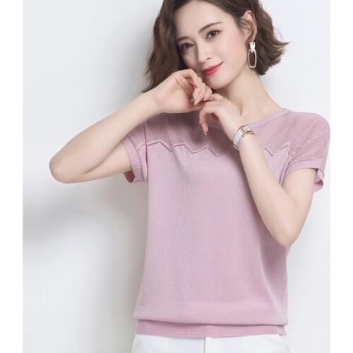2020 Women Knitted Short Sleeve T-shirt Solid Color Bright Ice Silk O-Neck Elegant Base Shirt Summer Thin Short Sleeve