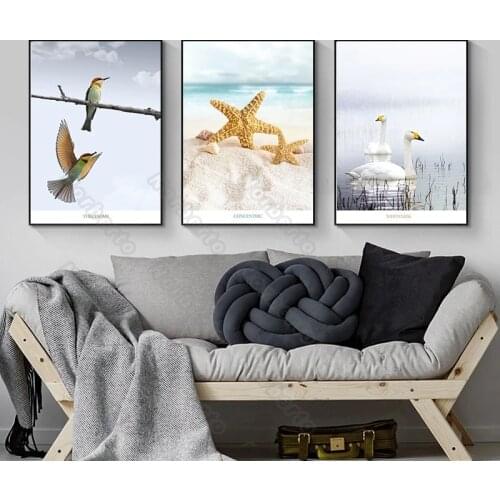 Modern Style Canvas Painting Poster Print Birds Yellow Starfish White Ducks At Riverside Beach for Home Rooms Gallery Decoration