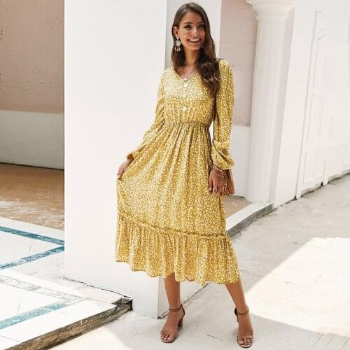 Jastie Floral Print Women Dress Spring 2020 V Neck Lantern Sleeve Sexy Slim Vestidos Boho Beach Vintage Casual Female Midi Dress